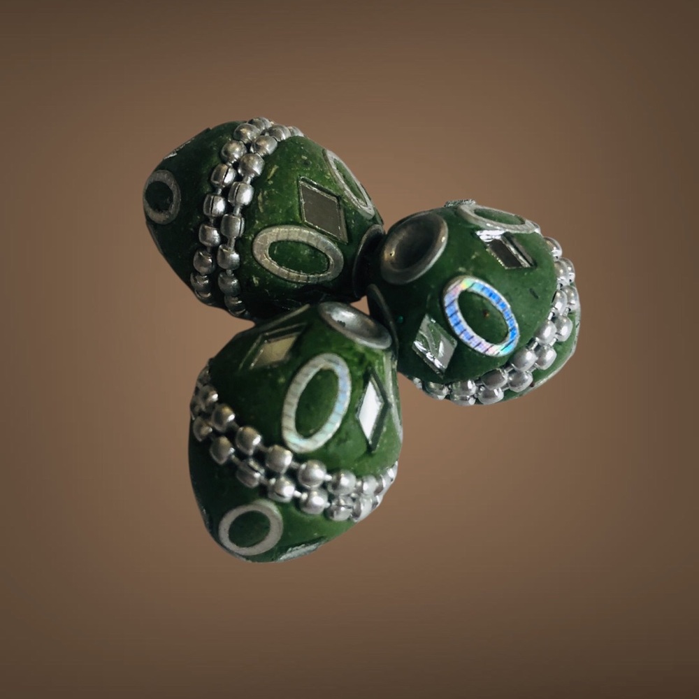 Handmade Green & Silver Clay Beads 3 Pcs